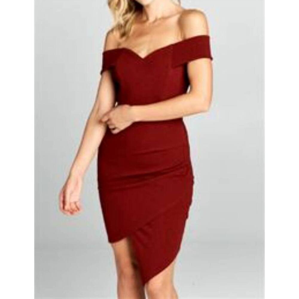 NEW STYLE RACK asymettrical off the shoulder mini dress in wine